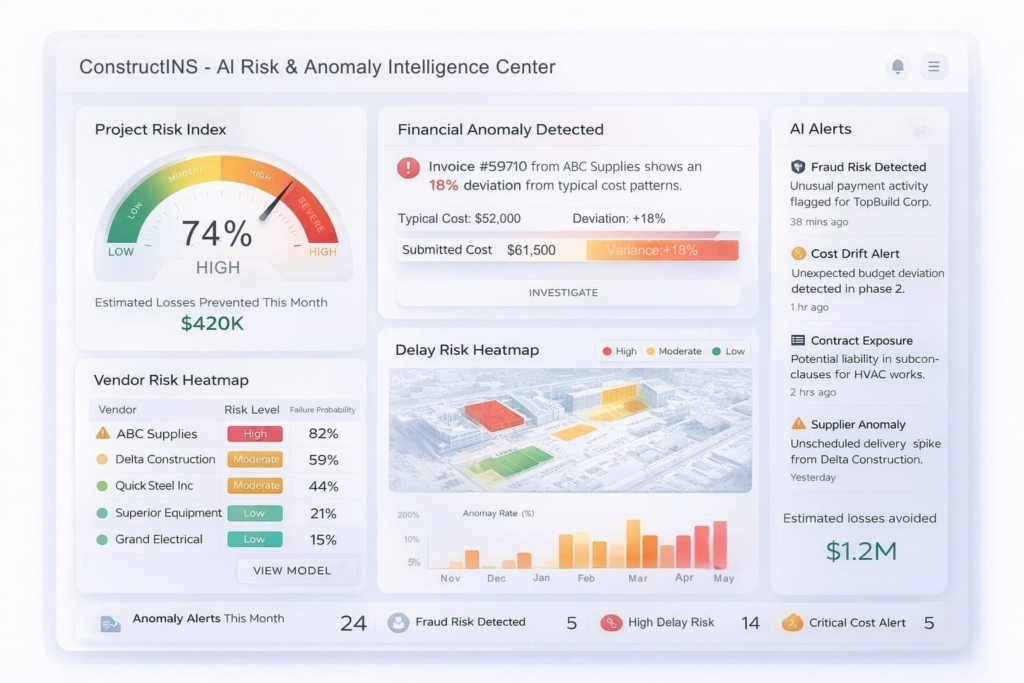ConstructINS AI Risk and Anomaly intelligence Dashboard